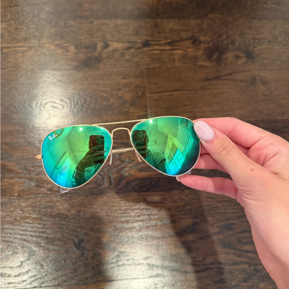 Ray-Ban Gold Frame Sunglasses with Reflective Green Lenses